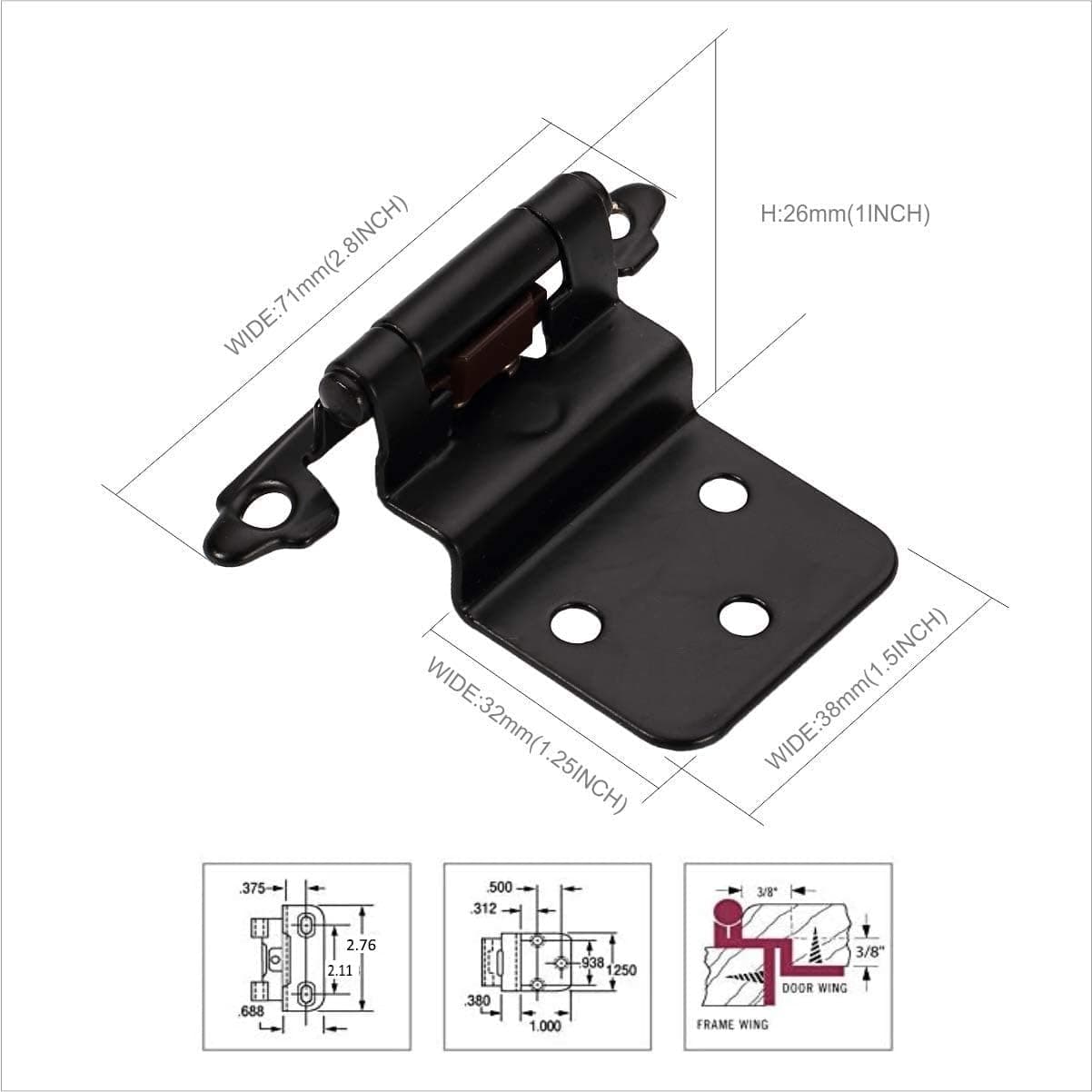 Viktorwan Hardware 3/8" Inset Cabinet Hinge Self Closing Face Mount Satin Nickel Cabinet Hinges 10pack for Kitchen Bathroom Cabinet Doors, Black