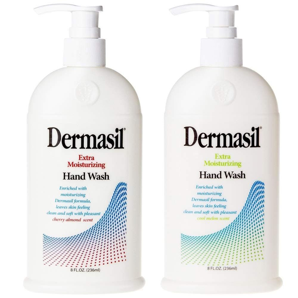 Dermasil Hand Wash Extra Moisturizing Gentle Liquid Soap Cleanser Advanced Dry Skin Treatment Natural Scented Cherry Almond and Cool Melon Paraben Free Multipack Pump Cap 8oz Bottle Pack of 2