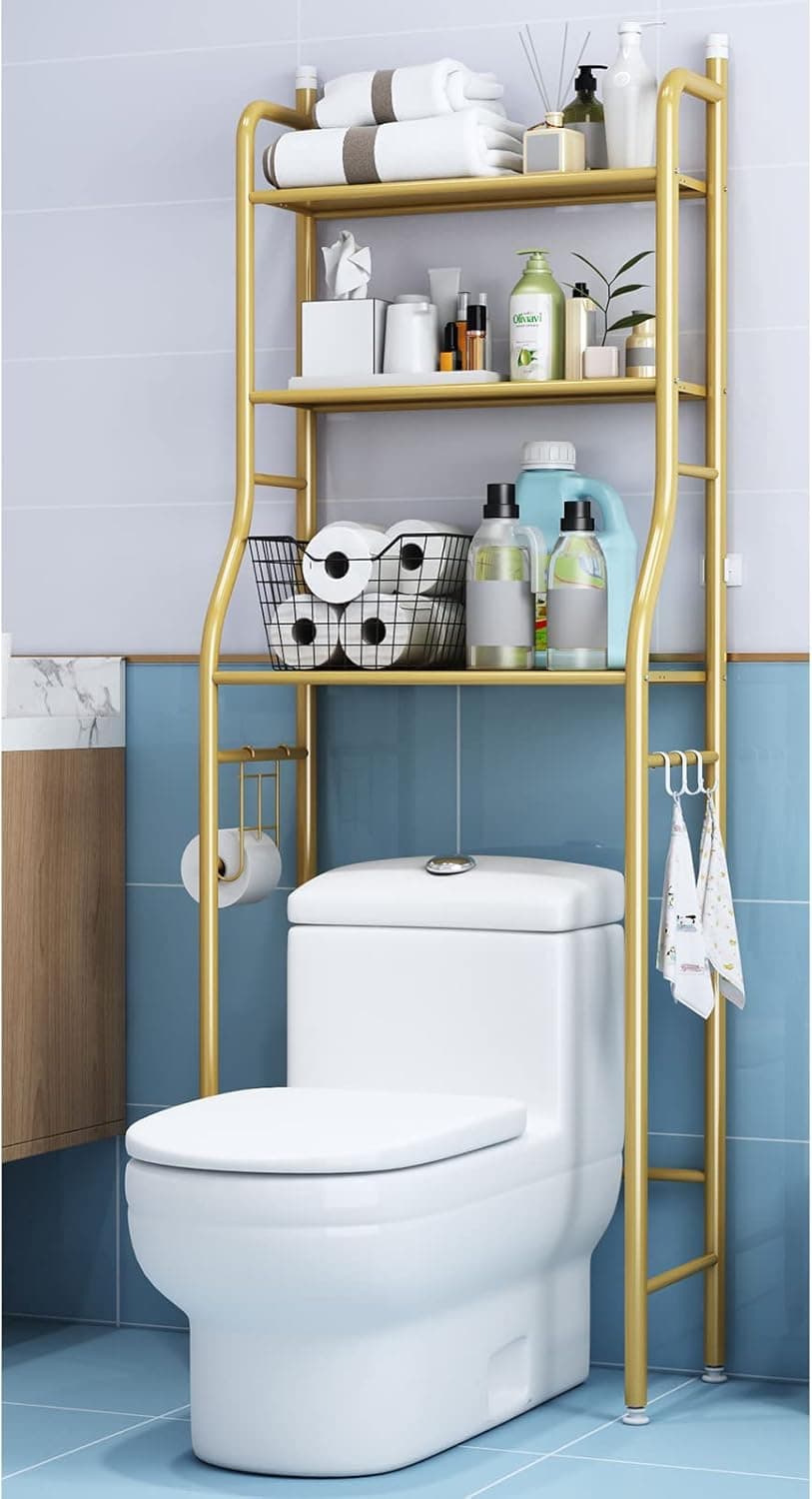 Household Products The Toilet Rack,3-Tier Bathroom Space Saver,Metal Frame Shelf for Home Bathroom Laundry, Bathroom Storage Cabinet Over Toilet, Gold
