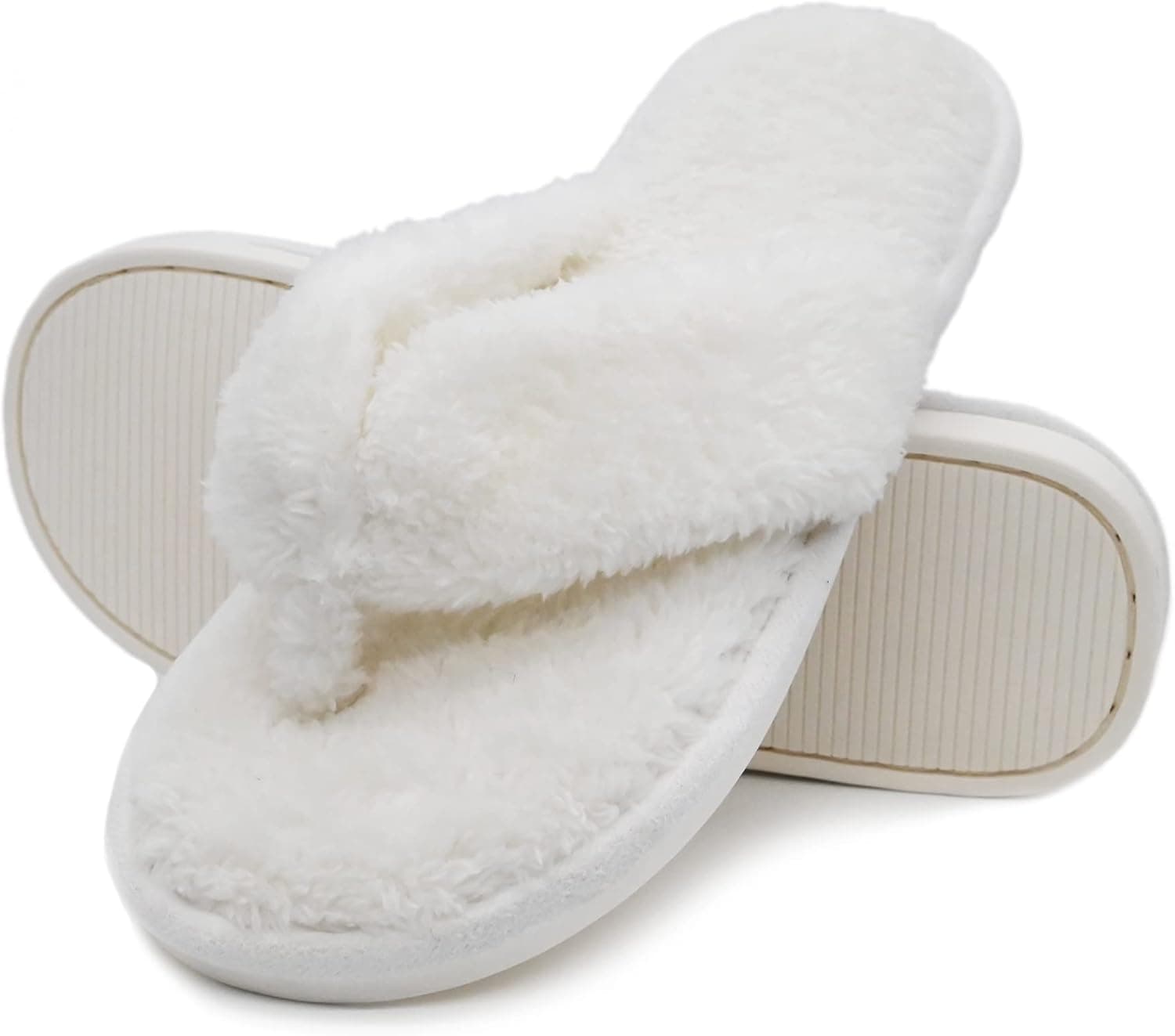 Onmygogo Plush Indoor Flip Flop Thong Slippers for Women Open Toe, Double Color Fuzzy Spa Slippers