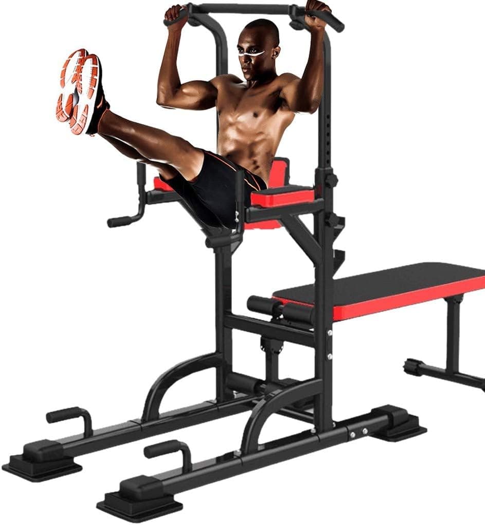 MINIKID 【US Fast Shipment】 Power Tower Dip Stand Station with Dumbbell Bench, Home G-ym Multi-Function Strength Training Workout Equipment, Adjustable Dip Stands, Pull Up Bars, Push Up Bars (Black)