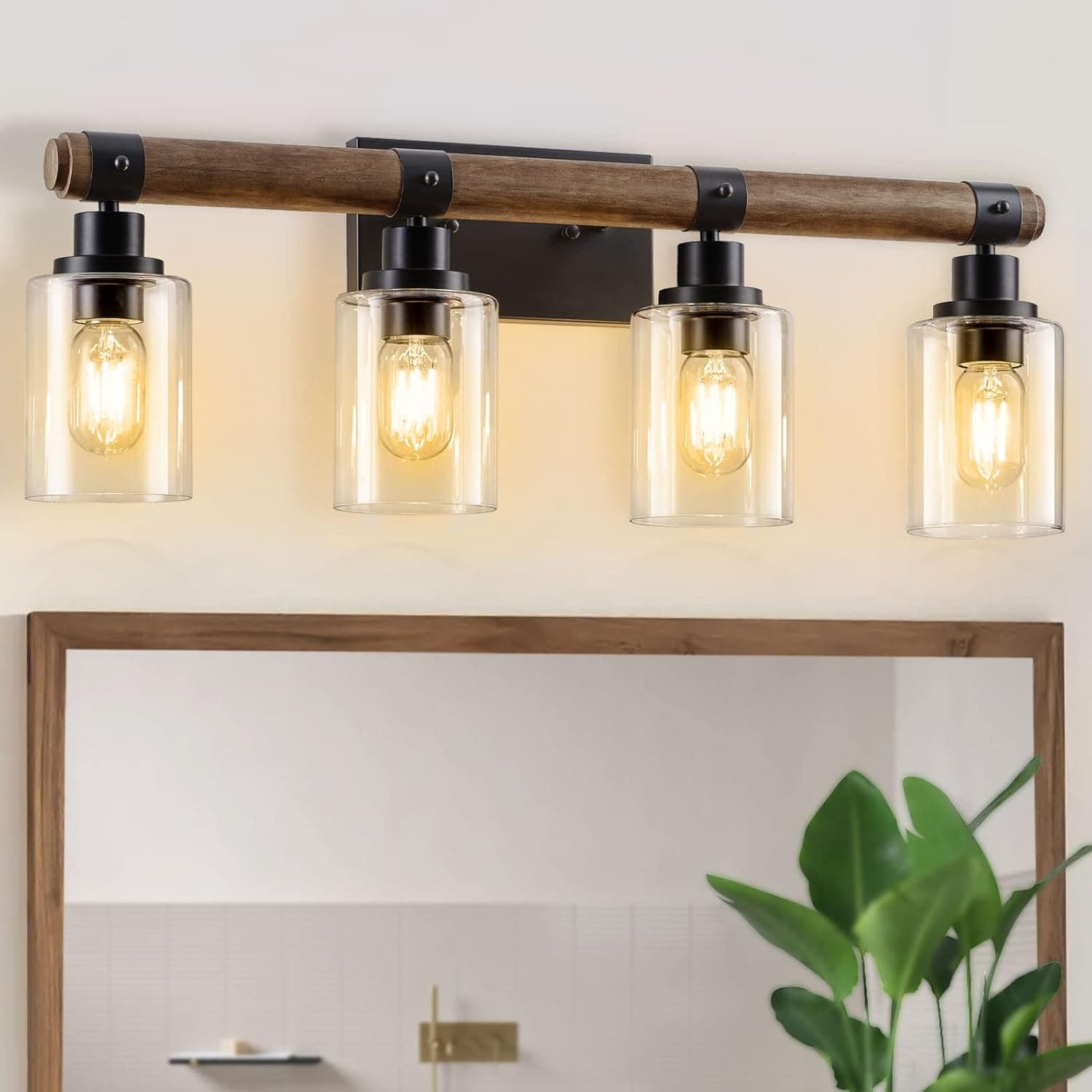 4 Lights Wood Bathroom Vanity Light Fixtures, Farmhouse Bathroom Lights Over Mirror, Rustic Vanity Lighting Fixtures, Sconces Wall Lighting with Clear Glass Shade for Living Room, Bedroom, Hallway