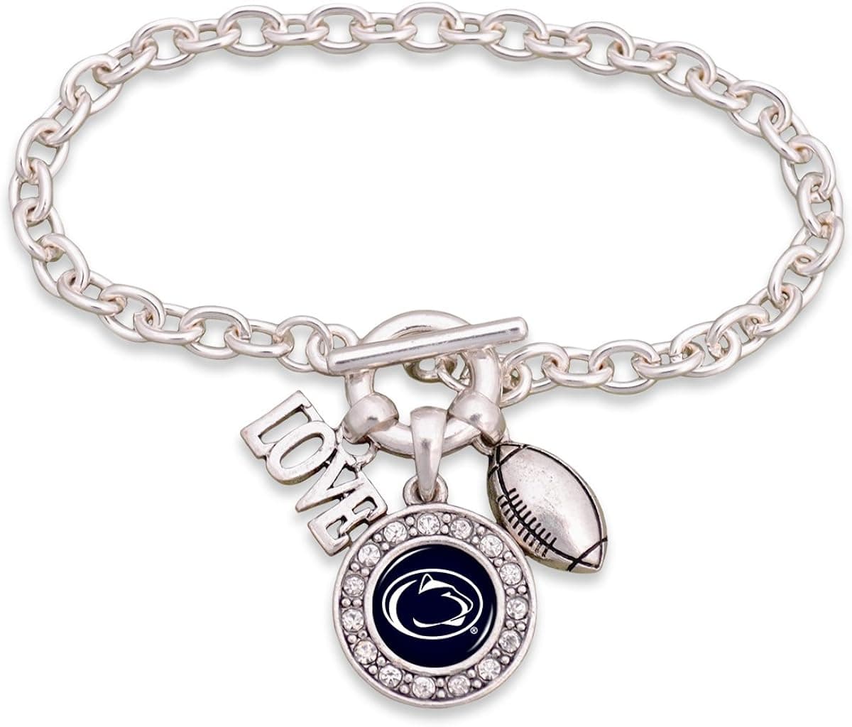 FTH Penn State Nittany Lions Silver Tone Football and Love Charm Bracelet with Navy Logo Charm