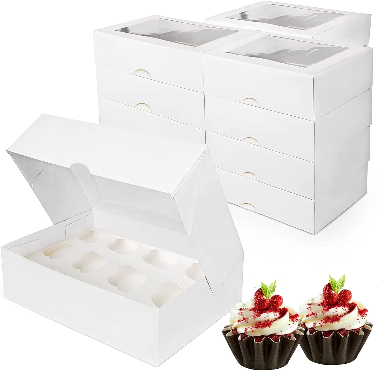 ANTENG A 15 Packs White Cupcake Containers 12 Count,Sturdy Kraft Cardboard Rectangle Cake Boxes With Window,Big Cake Box For Muffins Donuts Cookies As Gift Packaging,Cupcake Boxes 13x10x3.54 Inch