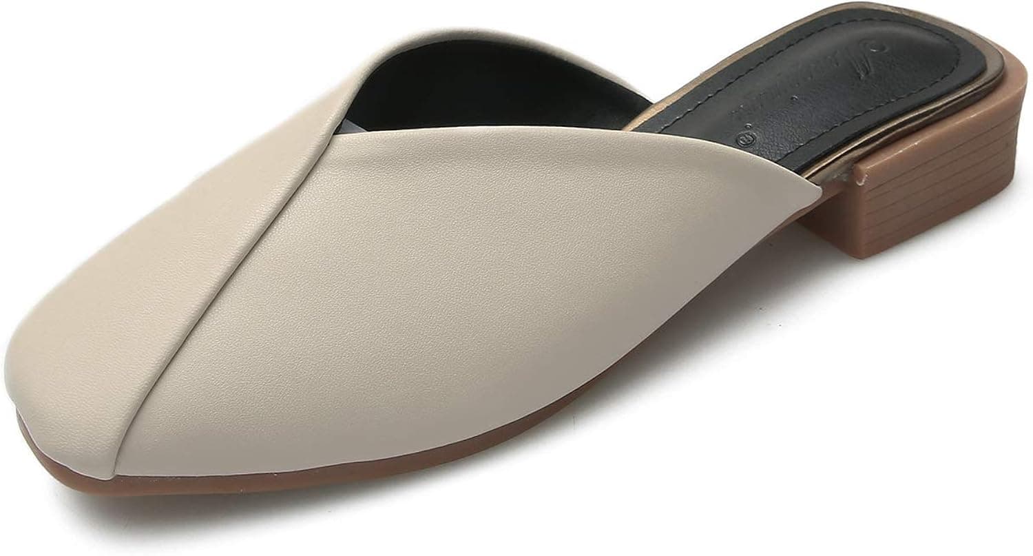 Women Slip-On Mules Slippers Leather Loafers Semi Square Toe Slides Backless Flats Shoes