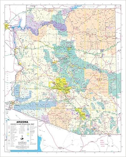 Arizona Highways and Roads Small Wall Map, Gloss Laminated