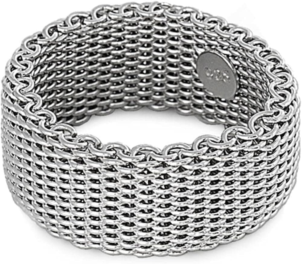 Sterling Silver Women's Mesh Ring Wholesale Pure 925 Wide Band 10mm Sizes 5-10