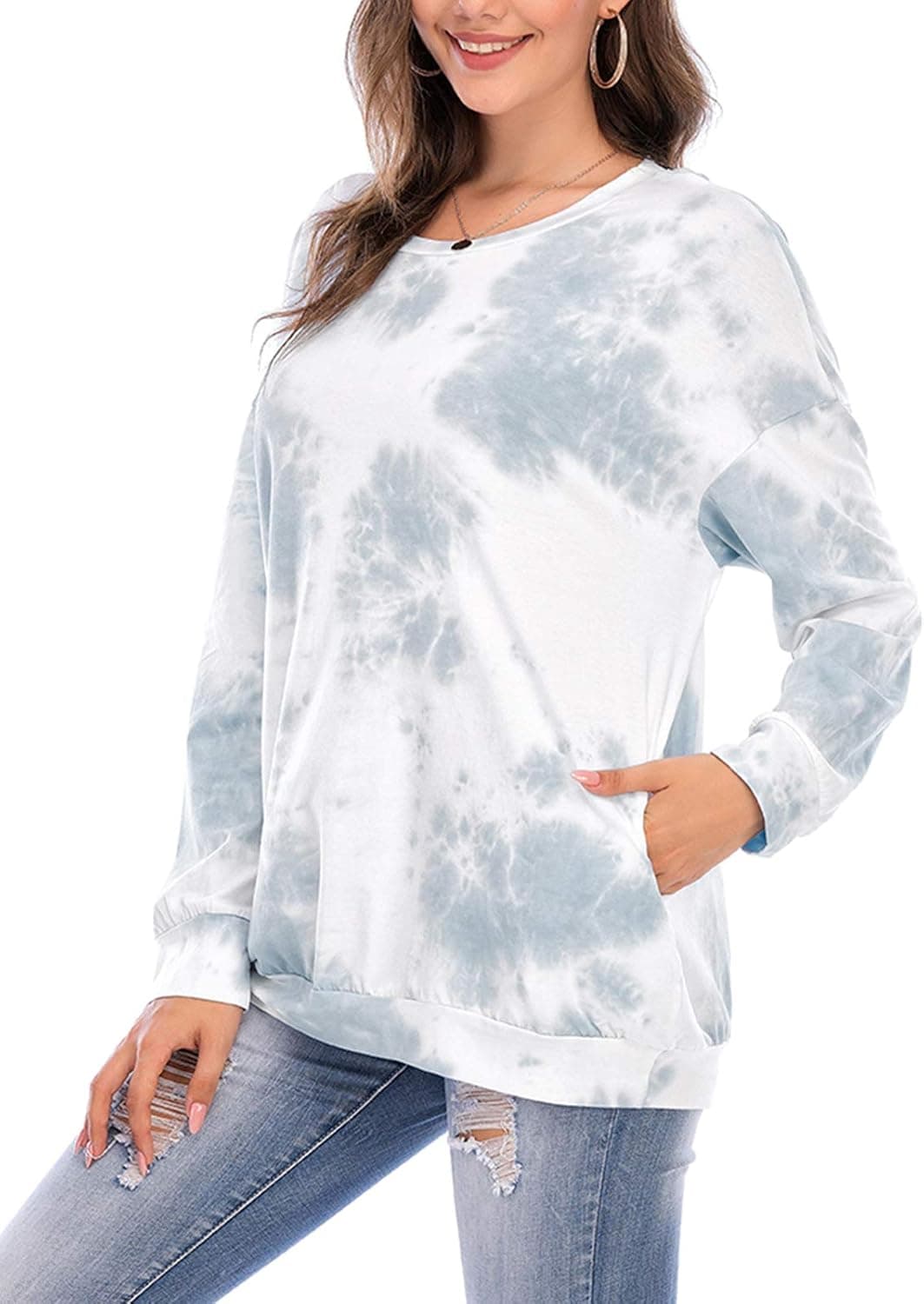 Plus Size Graphic Tees for Women,Misyula Style Tie Dye Shirts Long Sleeve Tshirts Crewneck Sweatshirt Color Block Ombre Pullover Hoodies Fall Fashion 2020 Trendy Polyester Funny with Pockets Grey XXL