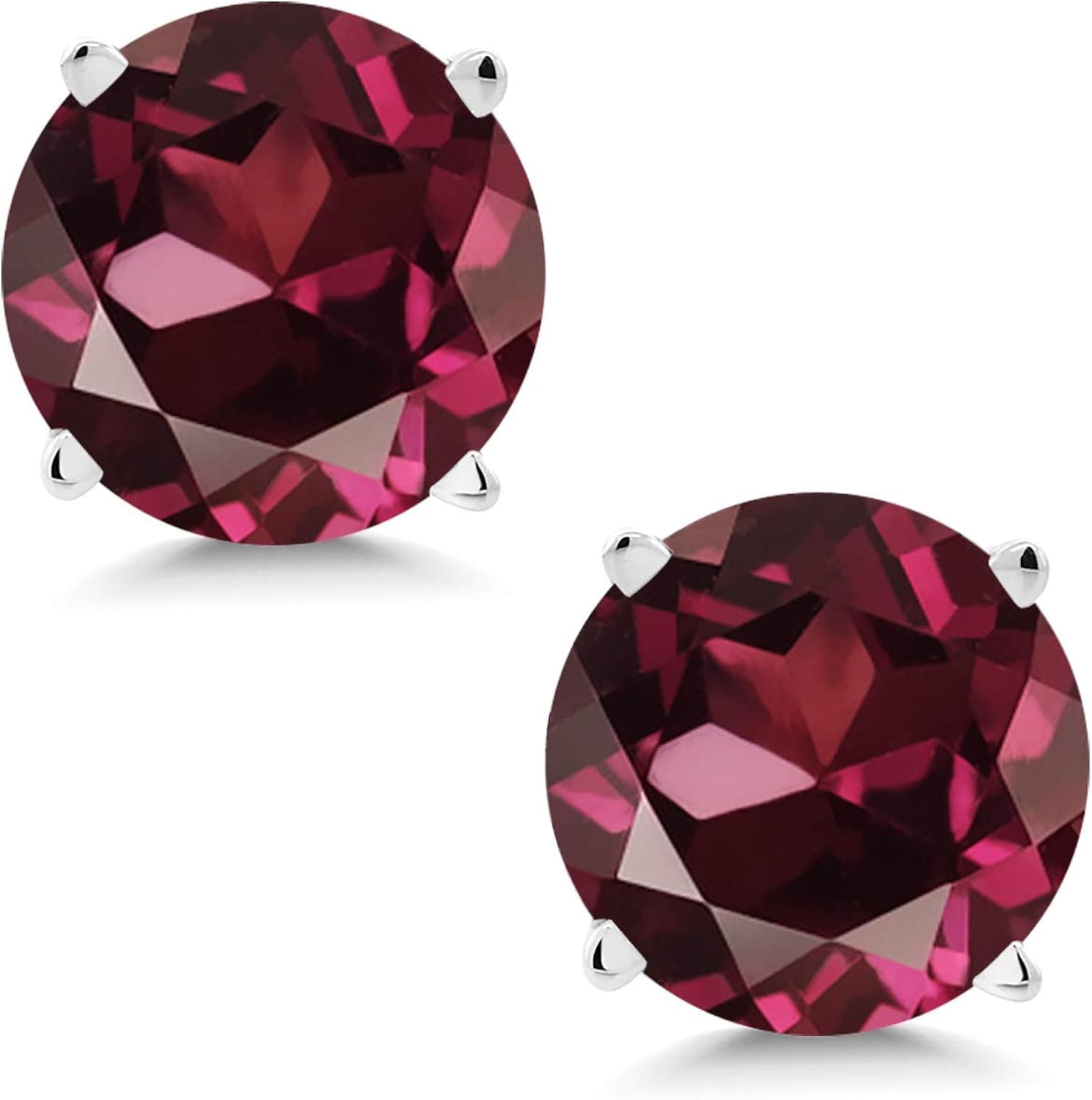 Gem Stone King 14K White Gold Red Rhodolite Garnet Stud Earrings For Women (2.00 Ct Round 6MM)