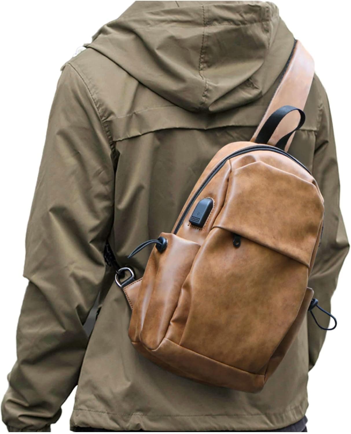 SEAFEW Brown Leather Small Tactical Sling Crossbody Shoulder Bag for Men Women, Hiking Daypack Multipurpose Anti-Theft Cross Body Chest Bags, Mini One Strap Backpack for Walking Biking Travel Cycling
