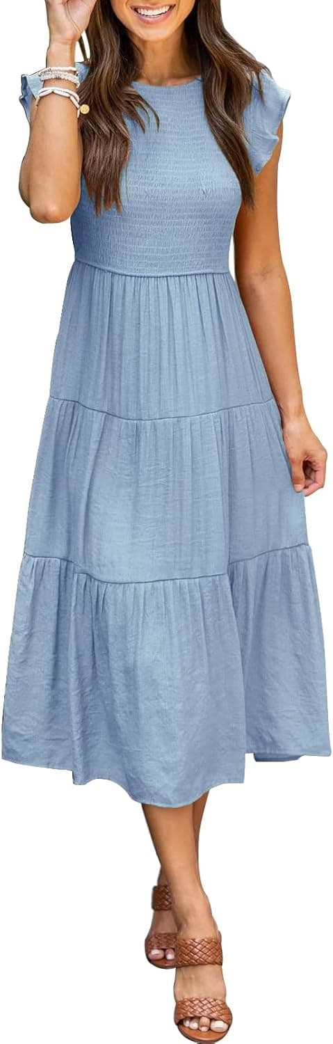 Women’s Summer Casual Midi Dress Flutter Short Sleeve Crew Neck Smocked Boho Maxi Beach Dresses