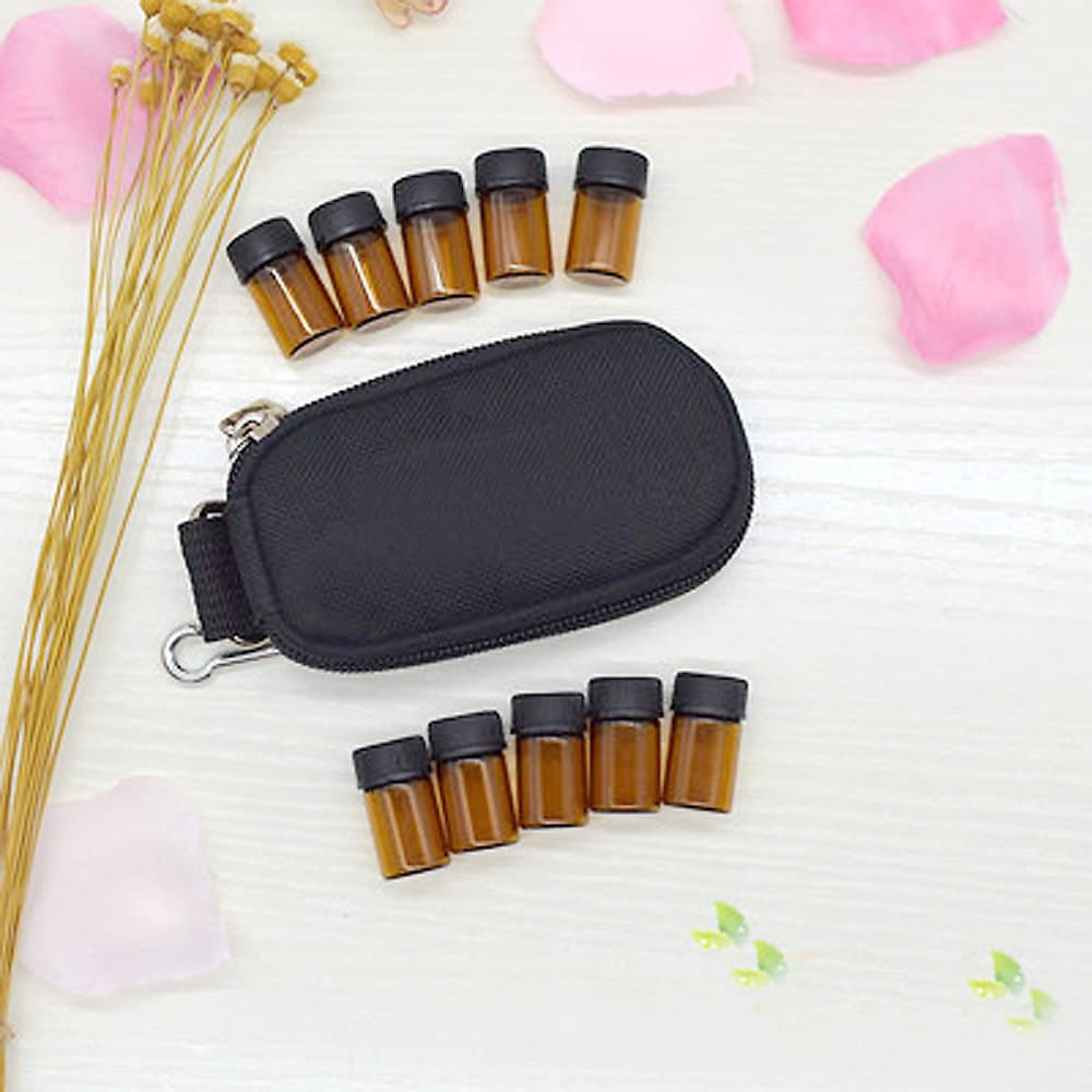Rudmox Keychain Essential Oil Carrying Case Holds 10 Bottles 2ml&3ml for Travel or Storage with 10 Bottles Sample(Black with Tea)