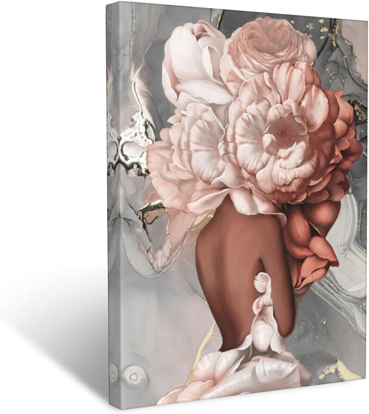 African American Wall Art Black Women With Pink Flowers Canvas Art Wall Decor Black Girl Wall Art Queen Abstract Portrait Picture Contemporary Paintings Decoration For Living Room Bedroom Bathroom Ready To Hang 16x24inch