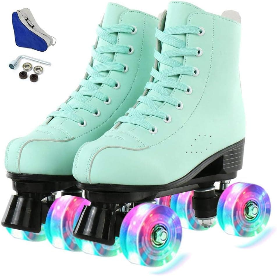 Buric Roller Skates for Women High-top PU Leather Roller Skates Shiny 4 Wheels Roller Skates Green Roller Skates for Adult