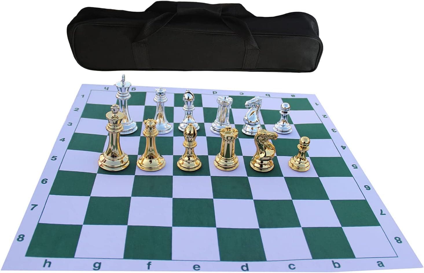 BOYISUNG Tournament Chess Set Staunton Gold Silver Pieces(king4.18) 20"x20"in Rubber&Cloth Foldable Board(Thickened 0.13in) Easy for Packing and Traveling Classic Plastic Green Board Thick Bag C3
