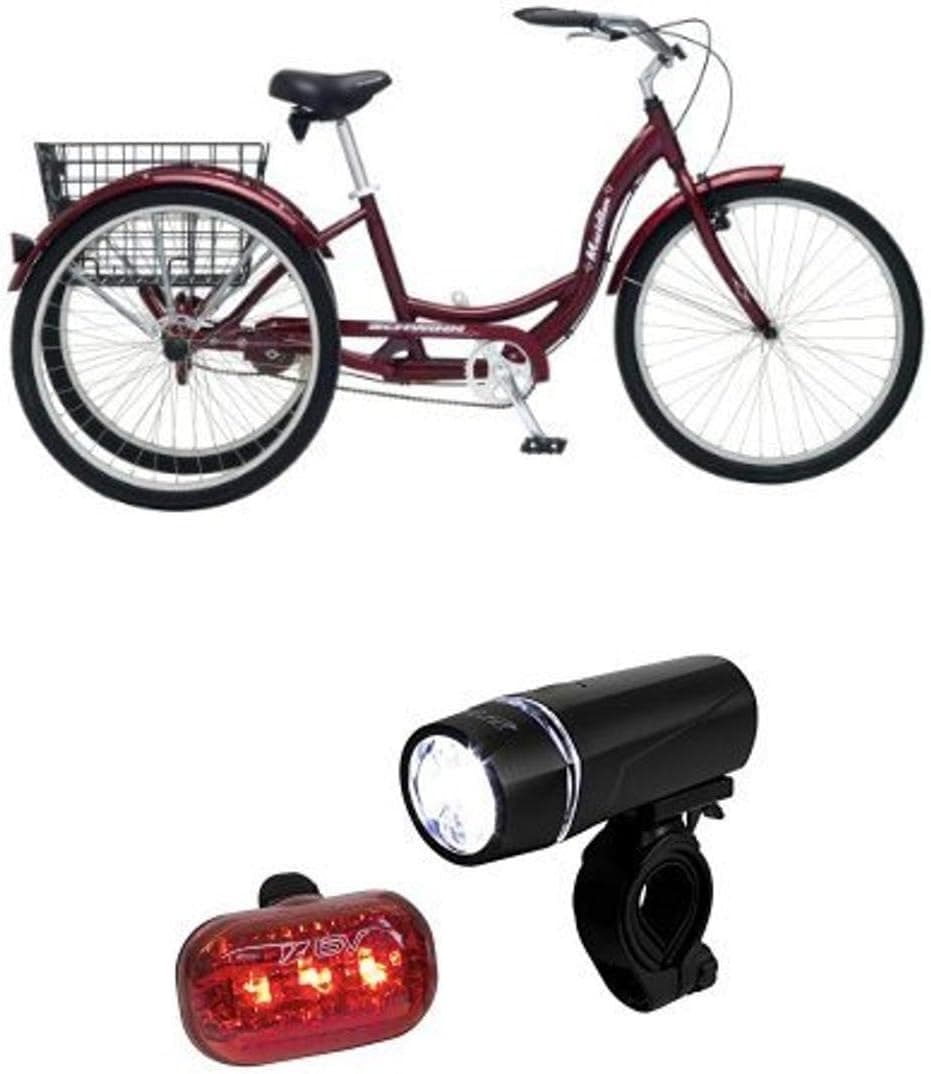 Schwinn Meridian Adult 26-Inch 3-Wheel Bike (Black Cherry) and BV Bicycle Light Set Super Bright 5 LED Headlight, 3 LED Taillight, Quick-Release