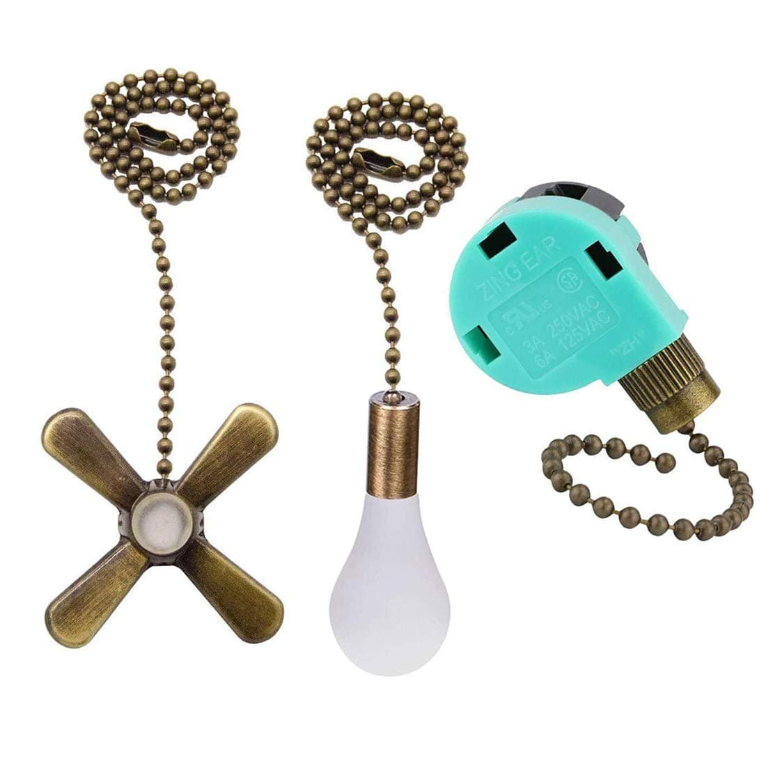 Ceiling Fan Switch 3 Speed 4 Wire ZE-268S6 with 2 Pack Ceiling Fan Pull Chain, Light Bulb and Fan Cord Extension for Ceiling Fans Lamps and Wall Lights