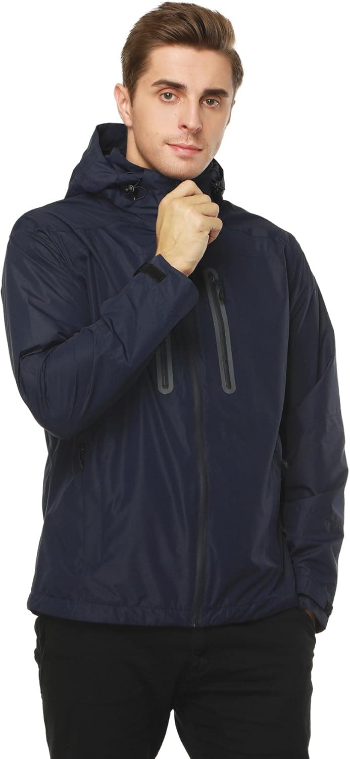 MIER Men's Rain Jackets Waterproof Outdoor Jackets with Hideaway Hood, Front Zip, Navy, XL