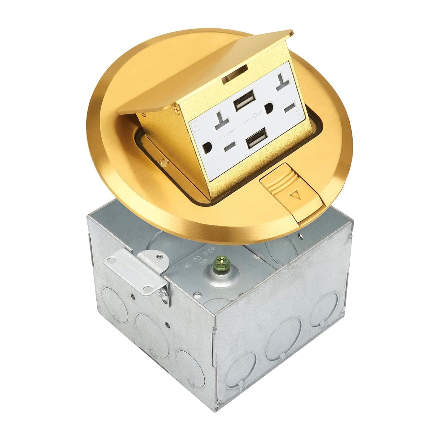 Select Lighting SLFB-PU-USB-BR 20A Pop Up USB Outlet Receptacles, Tamper Resistant Round Electrical Floor Box with Brass Cover, Retractable Recessed Socket for Countertops & Floors