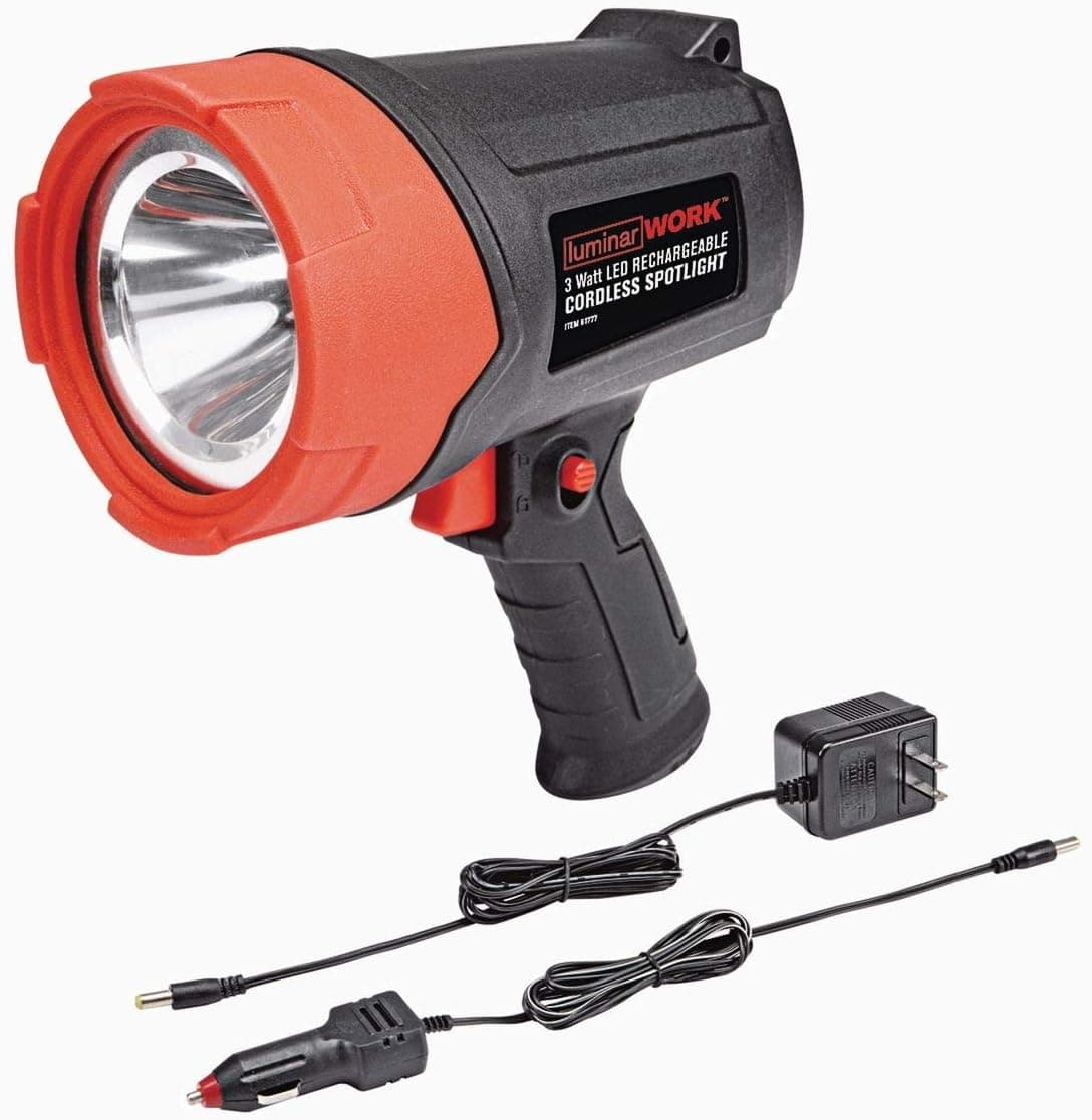 "ABC Products" - 3 Watt ~ LED Power - Hand Held - Rechargeable Luminar Work Spotlight (Auto Shut Off Charges With Both - AC 120 Volt Electrical Outlet Adapter and Has a 12 Volt Car Battery Adapter)
