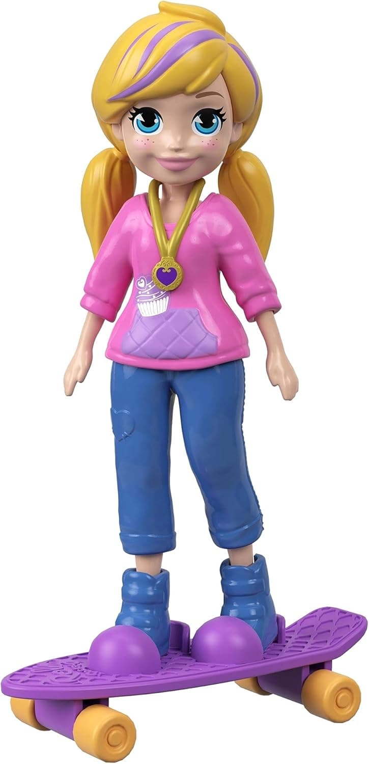 Polly Pocket 3" Doll with Iconic Outfit & Clip On Skateboard with Rolling Wheels