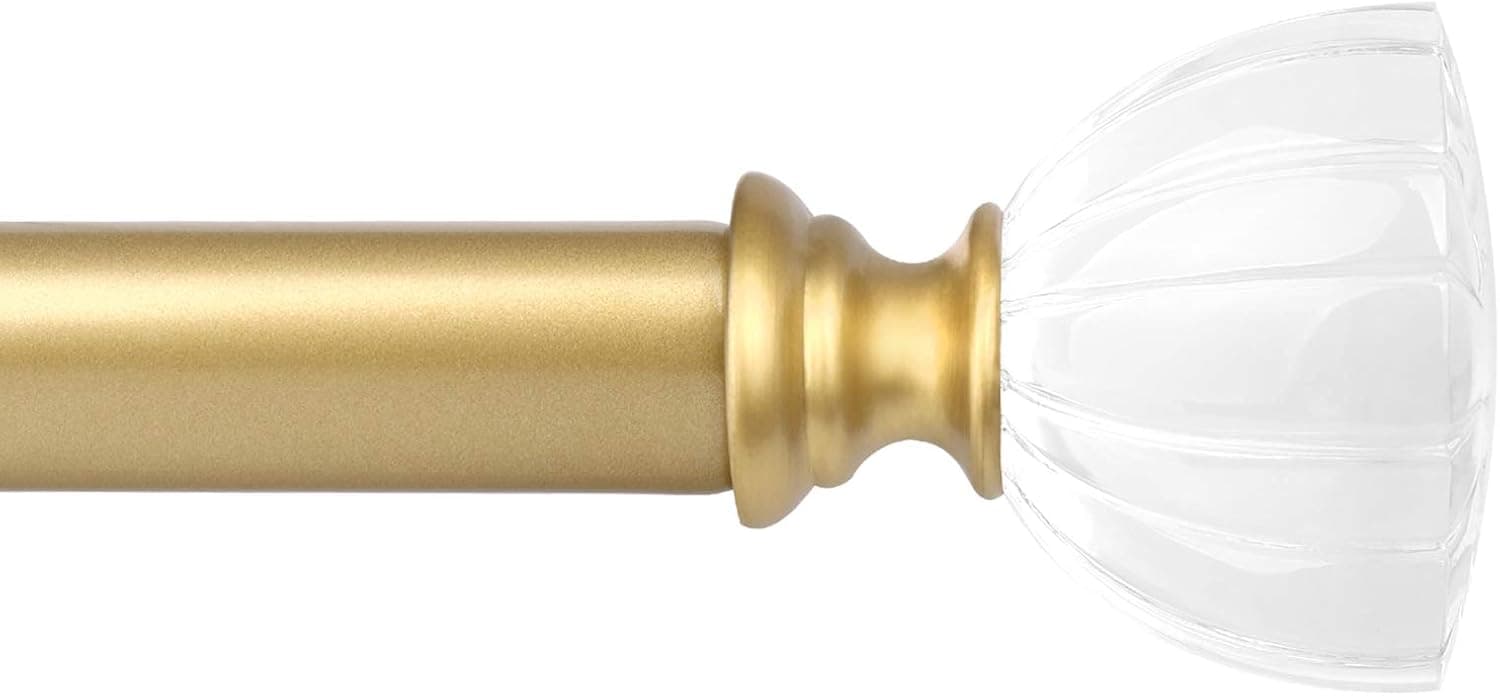 KNOBWELL Golden Decrative Single Curtain Rod 1 Inch Diameter Adjustable Drapery Rod Extends from 22 to 42 Inches with Acrylic Tulip Finials, Brass Cafe Window Rods