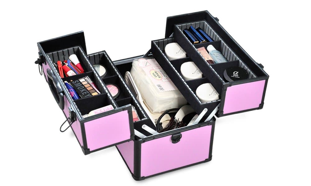 Makeup Train Case 14" Professional Cosmetic Box with Adjustable Dividers, 4 Trays and 2 Locks (Pink)