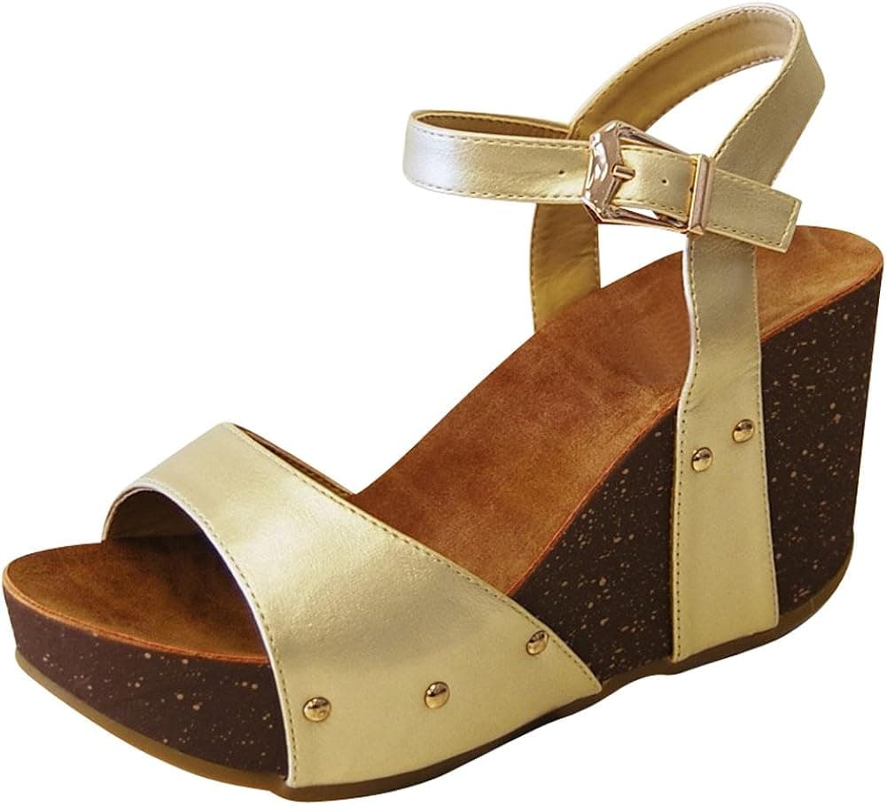 Cambridge Select Women's Open Toe Single Band Buckled Ankle Strap Studded Chunky Platform Wedge Sandal,7 B(M) US,Champagne Pu