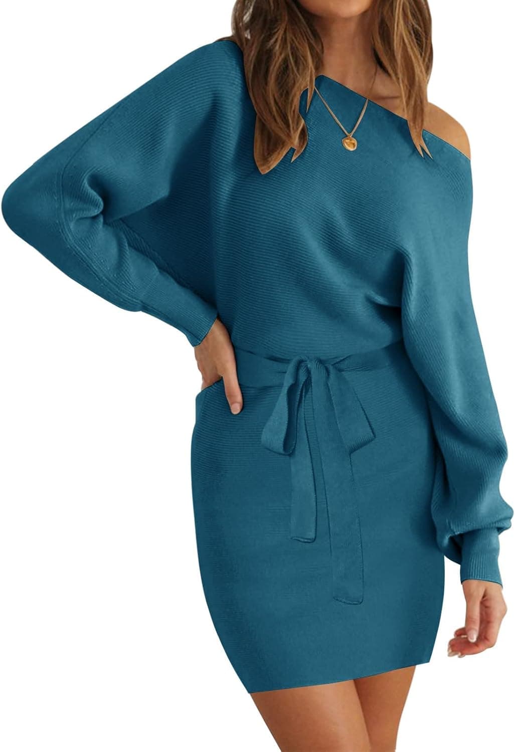 ZCSIA Women's Long Batwing Sleeve Boat Neck Off Shoulder Tie Waist Knitted Bodycon Mini Sweater Dress