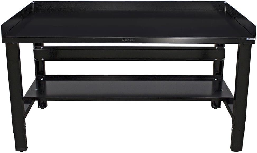 Borroughs Adjustable Height Heavy Duty Workbench with Bottom Shelf, Back and End Guards, Commercial Grade, 12-Gauge Black Painted Steel Top, 28 in. x 48 in.