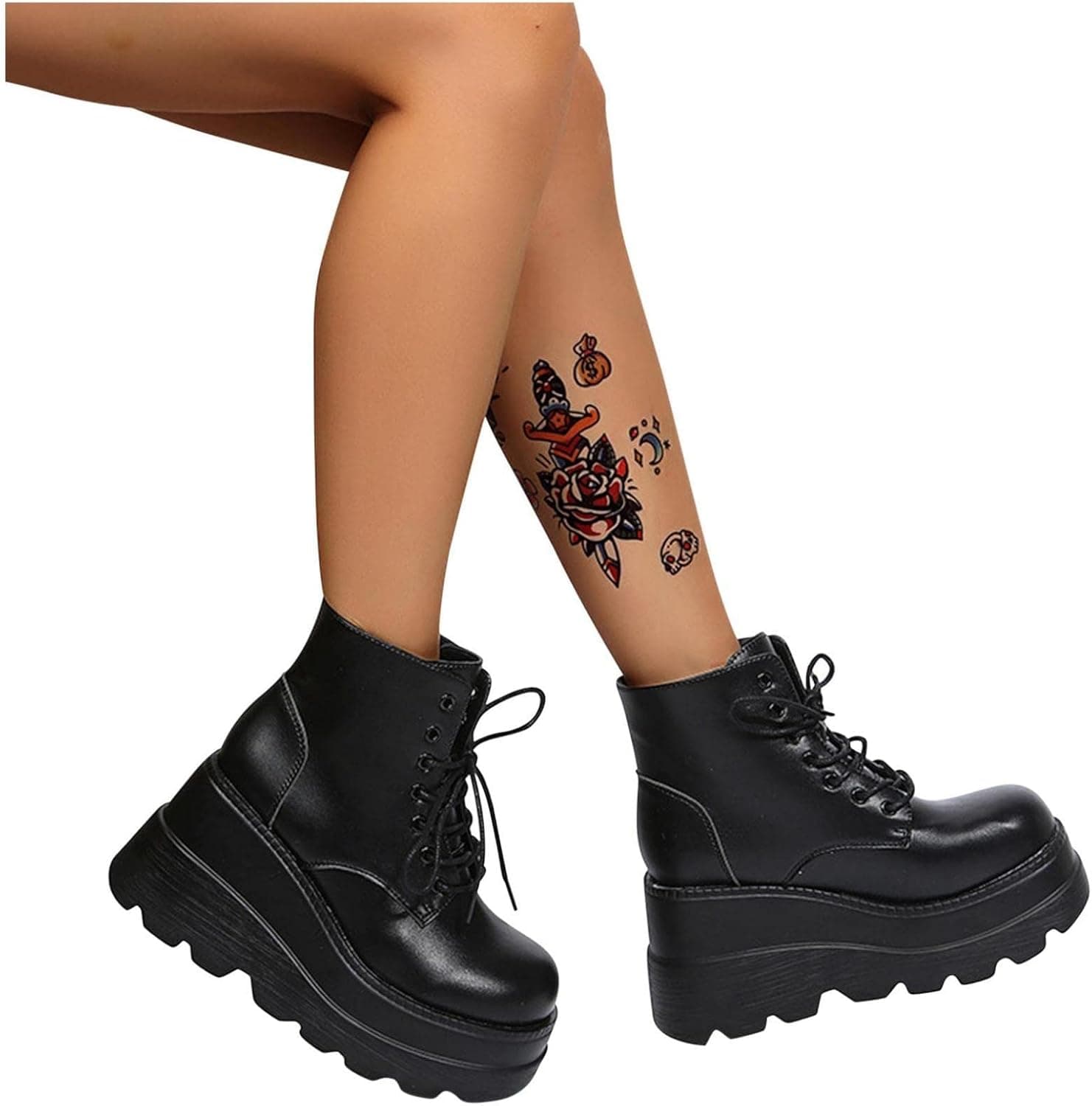 Chunky Platform Boots for Women - Holographic Platform Boots, Retro Lace-Up Black Leather Boots, Fashion Casual Platform Wedge Leather Boots Cowgirl Boots for Women