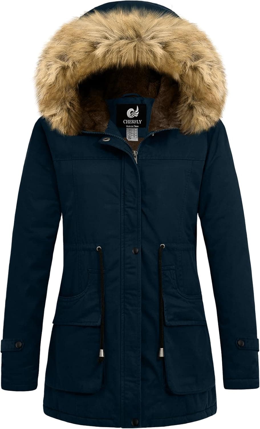 CHERFLY Women's Winter Coats Hooded Puffer Jackets Fleece Lined Parka with Fur Trim