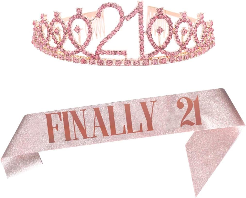 21st Pink Birthday Tiara and Sash Happy 21st Birthday Party Supplies 21st Birthday Glitter Satin Sash and Crystal Tiara Princess Birthday Crown for Girls 21st Birthday Party Decorations