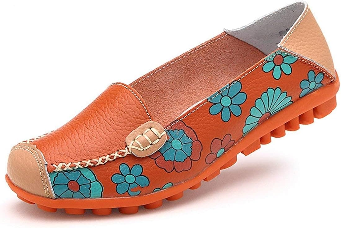 Women's leather loafers Bright Color Casual Flower Printed Slip On Leather Flat Pumps Shoes