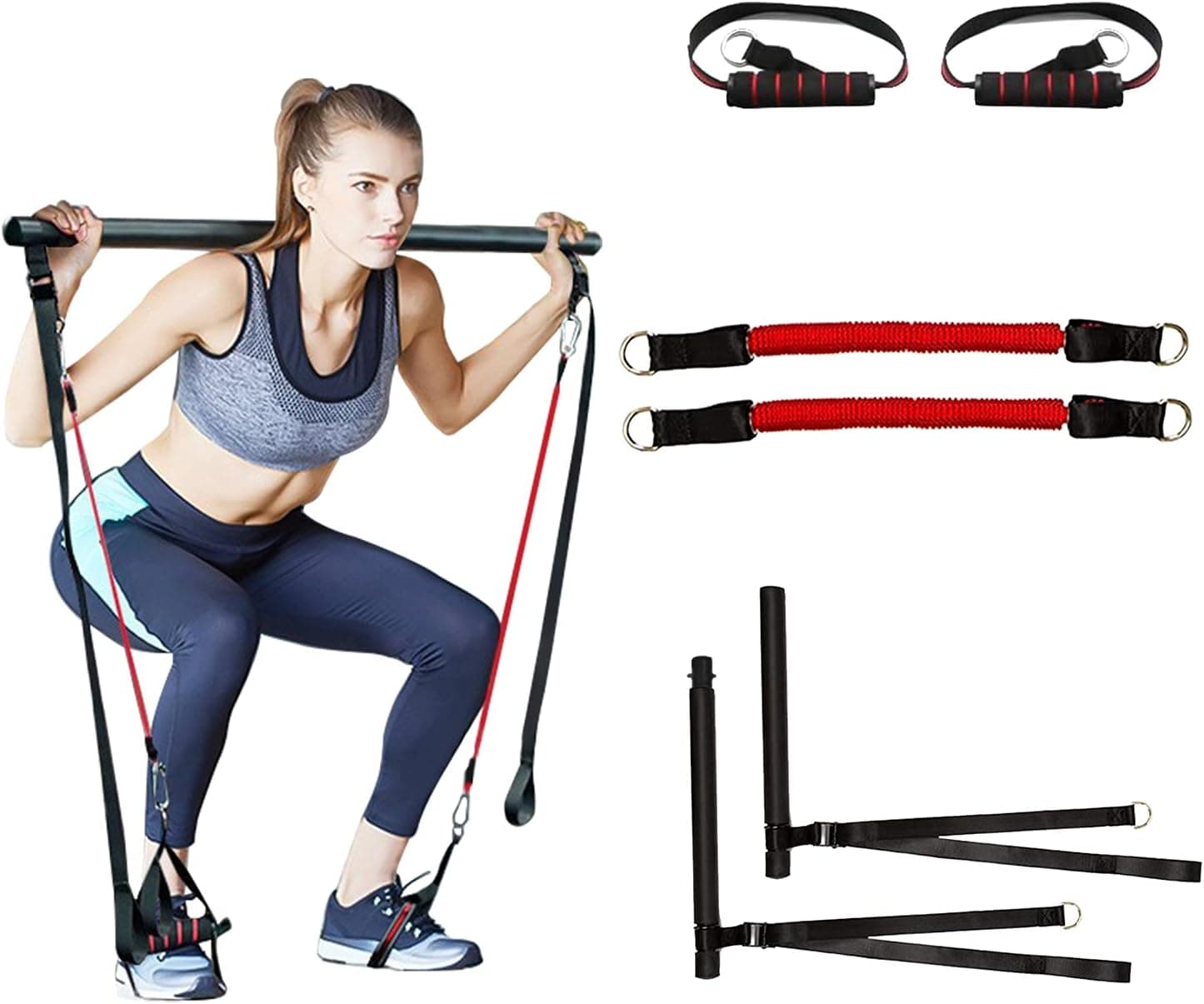 Pilates Bar Kit with Resistance Bands,Exercise Equipment for Men and Women,Workout Bar for Resistance Bands,Pilates Equipment for Home Workouts,Fitness,Adjustable Squat Pilates Bar for Yoga