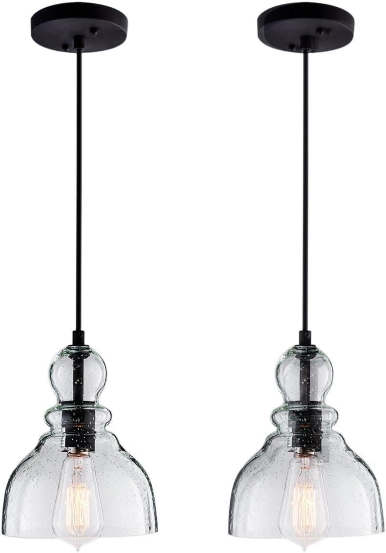 LANROS Farmhouse Kitchen Pendant Lighting with Handblown Clear Seeded Glass Shade, Adjustable Cord Mini Ceiling Light Fixture for Kitchen Island Sink, Matte Black Finish, 7inch, 2 Pack