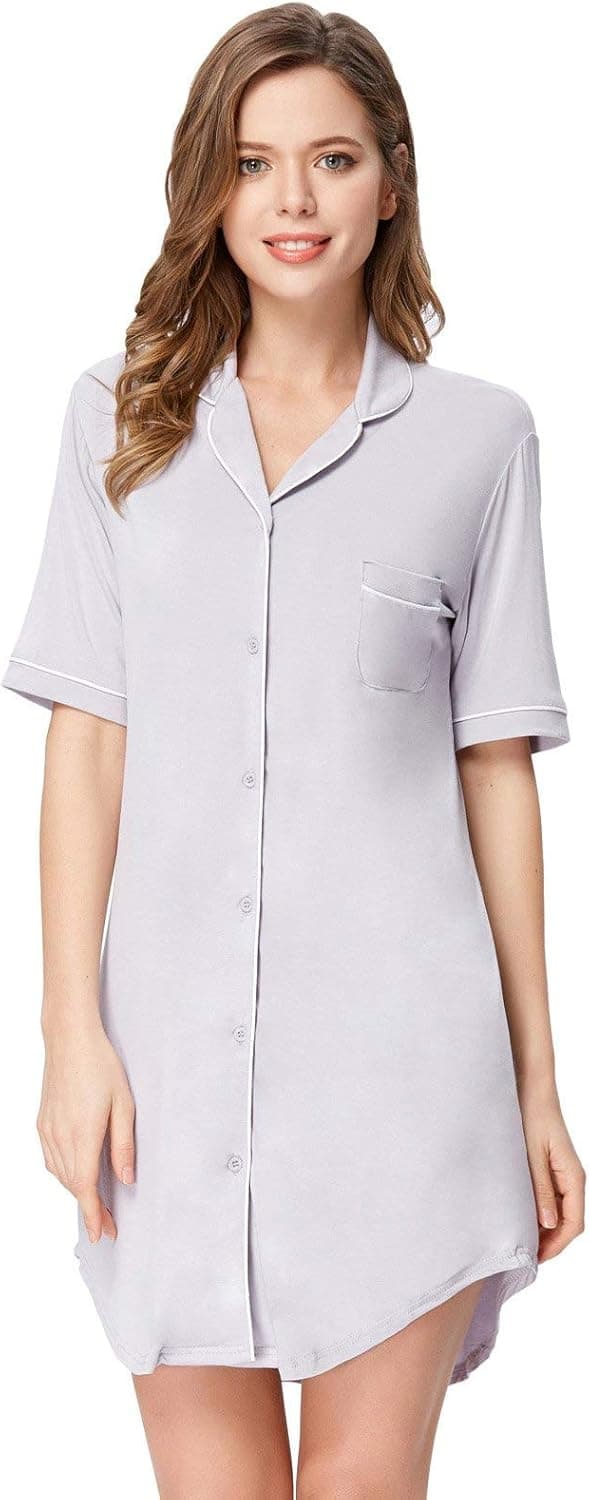 Women Sleep Shirt Dress Modal Stretchy Soft Nightwear Contrast Trim Grey S