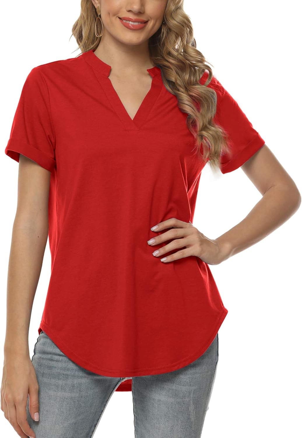Davenil Women's Short/Long Sleeve V-Neck Tops Loose Tunic Irregular Hem 3/4 Sleeve Blouses Casual Rolled Sleeve Shirts