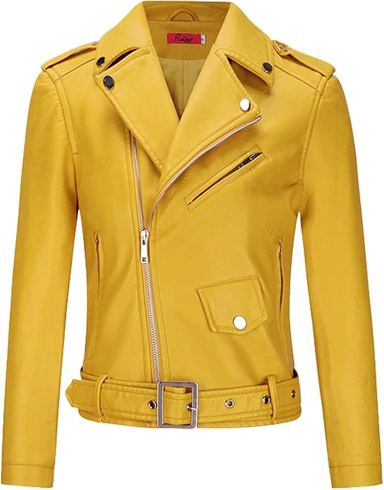 BOMBAX Womens Slim Leather Motorcycle Jacket Blazer Short Bike Coat with Pocket Fall