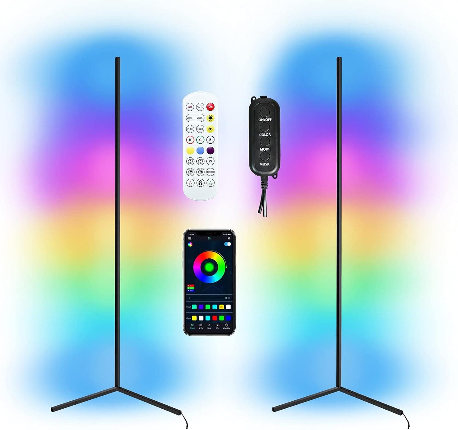 59'' Tall RGB Color Changing Corner Floor Lamp with Remote, Minimalist LED Standing Night Light Stick, Music Sync 3000lm High Bright Design for Living Room Bedroom(2 Pack)