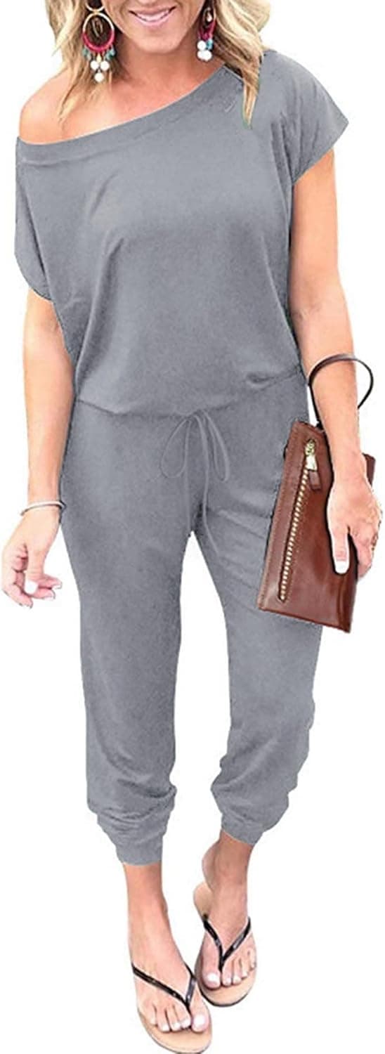 Uniexcosm Women's Loose Fit Off Shoulder Elastic Waist Beam Foot Jumpsuit Rompers with Pockets