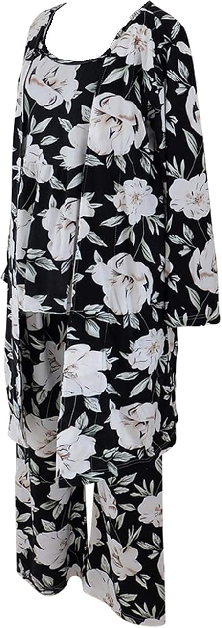 Women's Sleepwear Sets Elegant 3pcs Pajamas Floral Cami Dressing gown and Pants Suits (10_XL, Peony Black) adults bedroom cover u evening jumpsuits nightdress Princess students Pareo cute Lovely Honey