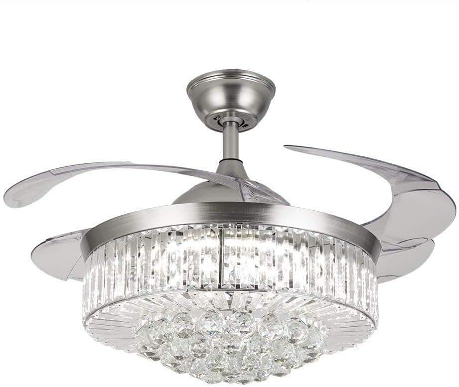YUYUE 36-inch Invisible Ceiling Fan Chandelier with Light,Modern Crystal Ceiling Fan Light Remote Control 4 Retractable ABS Blades for Living Room Bedroom Dining Room Home Decoration
