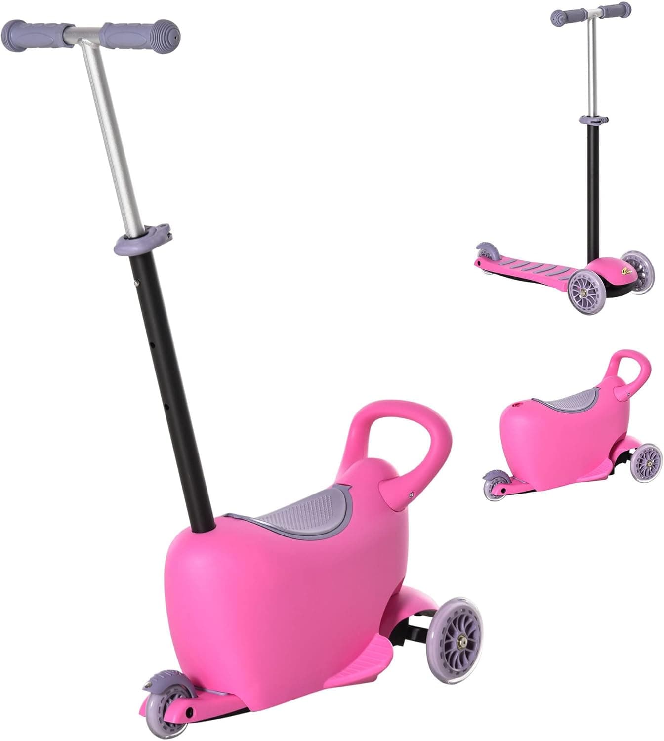 Qaba 3-in-1 Ride On Push Car, Kids Scooter, Sliding Walker & Push Rider, with 3 Balanced Wheels, Adjustable Height, and Removable Storage Seat, Toy Vehicle for 2-6 Year Olds, Pink