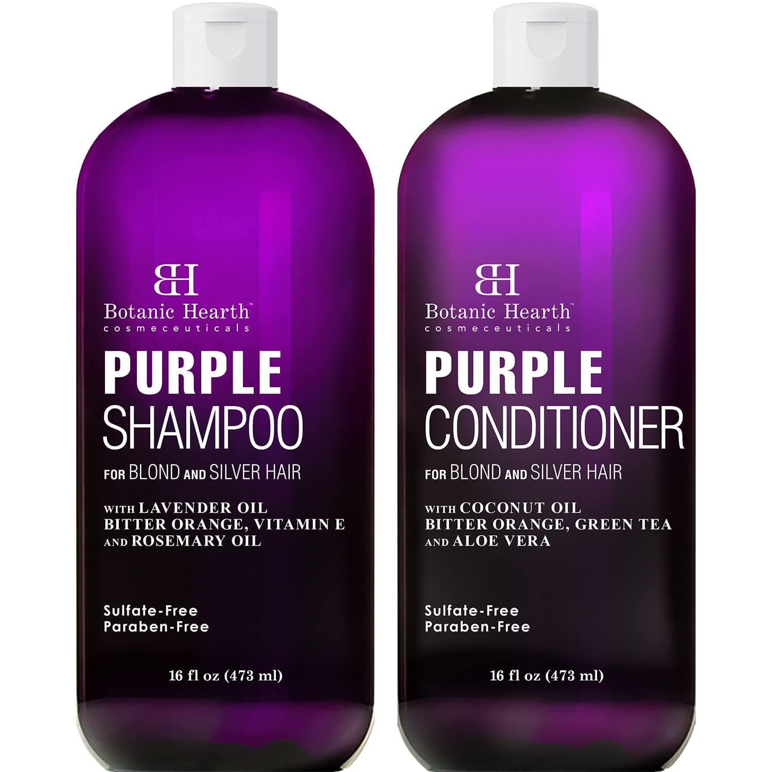 BOTANIC HEARTH Purple Shampoo and Conditioner Set - for All Shades of Blonde, Silver and Gray Hair - Enhances Highlights - Sulfate Free, Paraben Free, 16 fl oz each