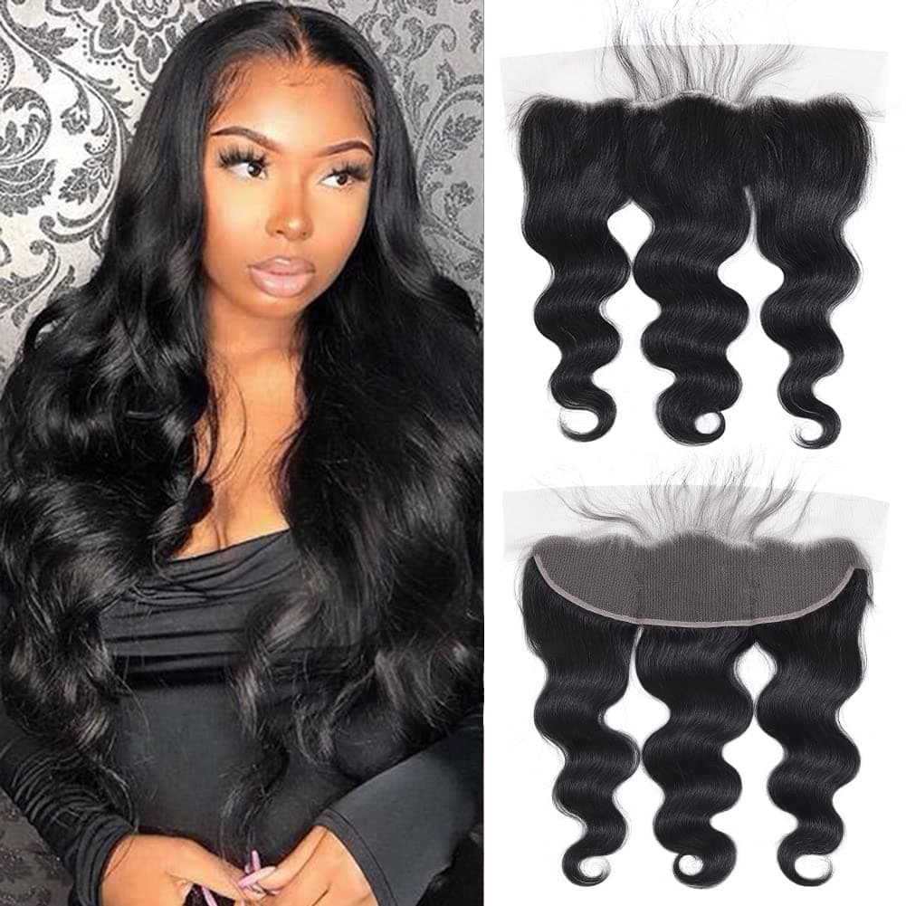 Body Wave Frontal Closure 13x4 Transparent Lace Frontal Closure 150% Density Brazilian Human Hair 13x4 Ear to Ear Full Lace Frontal Closure Pre-Plucked with Baby Hair Natural Black Color(16inch)