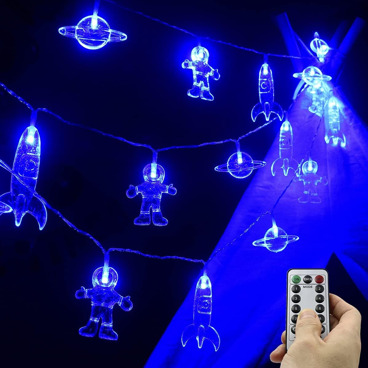 Mankinlu 20 LED 11 FT Children's Room LED String Lights for Boys Bedroom with Remote 8 Modes Waterproof Rocket Spaceship Astronaut String lights Battery Operated for Kids Room Tent Birthday Decor Blue