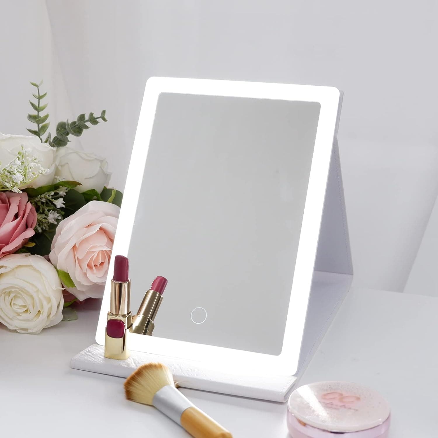 Notmise Travel Makeup Mirror with Lights Vanity Mirror Foldable for Desk Tabletop, Portable USB Rechargeable, 3 Color Lighting, Dimmable Touch Screen, White