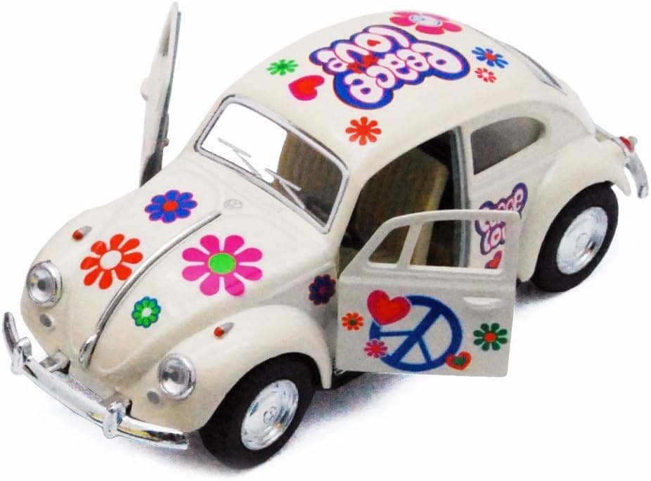 1967 Volkswagen Classical Beetle w/ Peace Love Decals, Ivory - Kinsmart 5375DF - 1/32 Scale Diecast Model Toy Car, but NO Box
