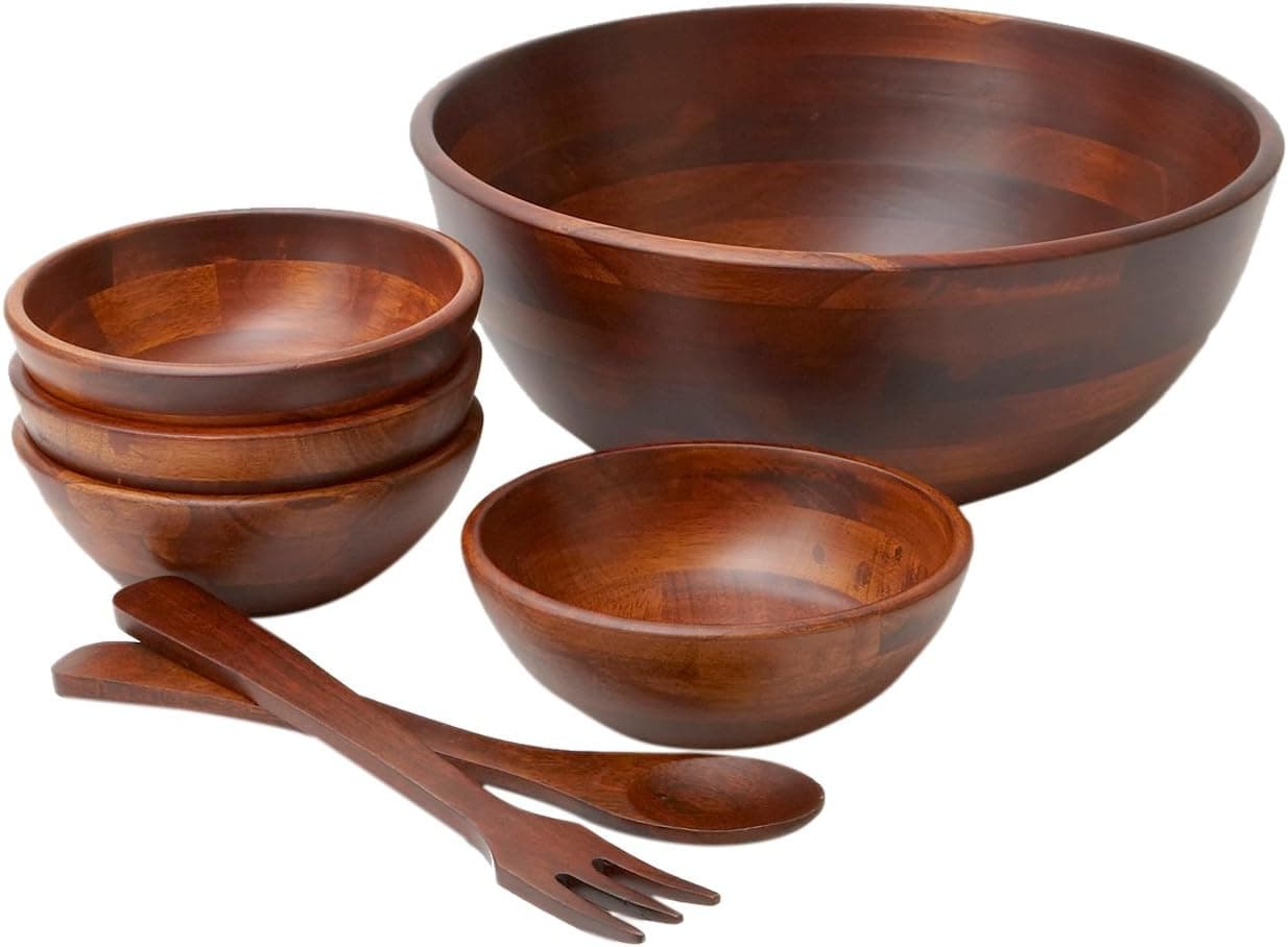 Woodard & Charles 7 Piece Medium Wood Salad Bowl Set, Cherry